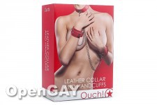 Leather Collar and Handcuffs - Red 